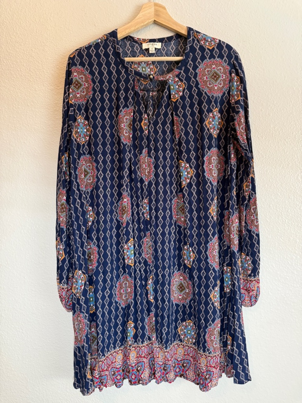 Umgee Boho Tunic Dress SZ Medium Layer Festival Hippie Elastic Cuff Long Sleeve